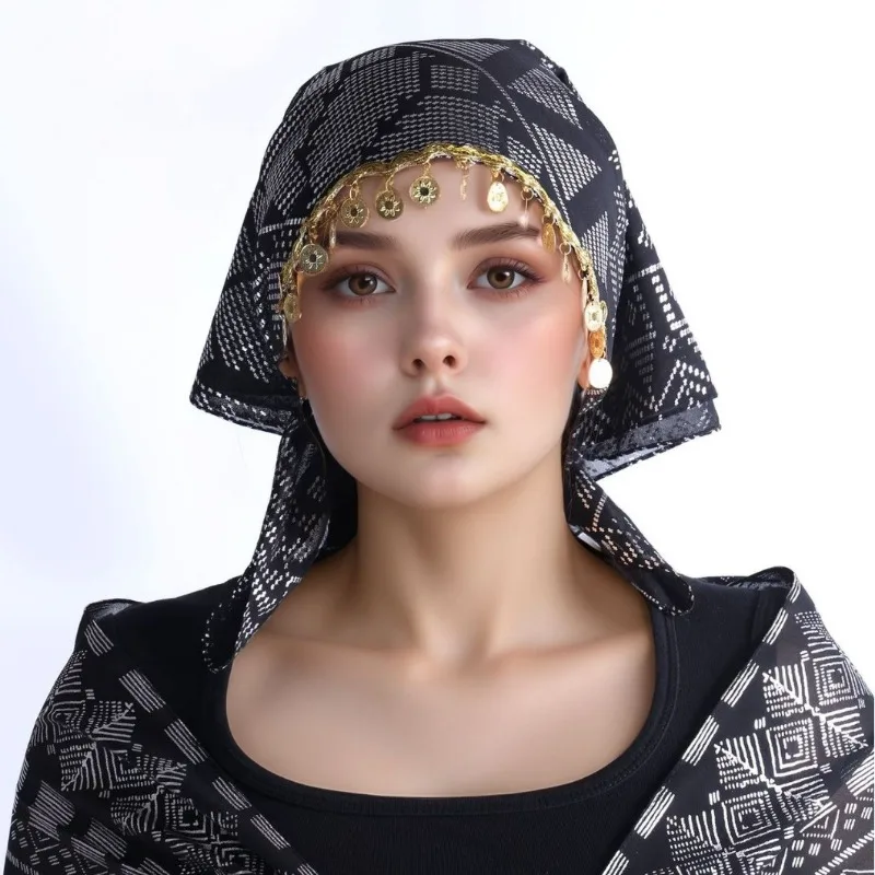 

Retro Foil-gold Bandanas Stamping Combined Golden Sequin Design Breathable Double-sided Headscarf Ethnic Style Hair Scarf