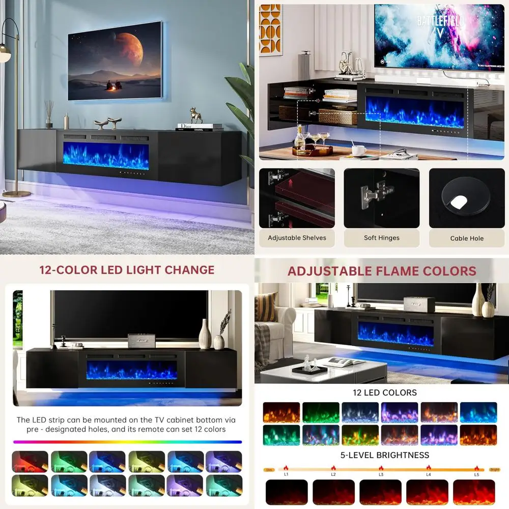

Modern 80 40 Electric Fireplace TV Stand, Floating Entertainment Center with Storage & 12-Color LED Lights
