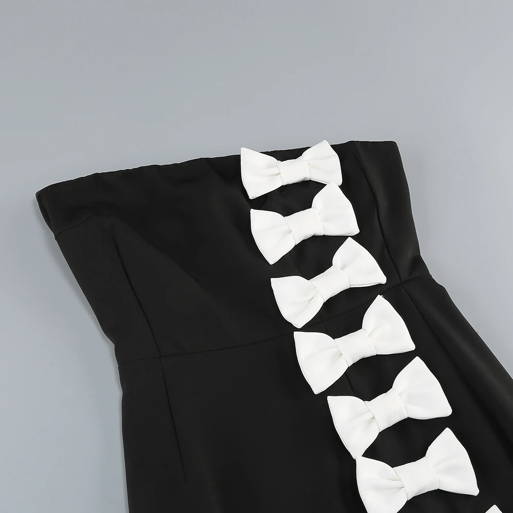 Eleganti abiti da sera neri senza spalline con dettaglio fiocco bianco – Abito da festa di lusso con spacco alto per donna