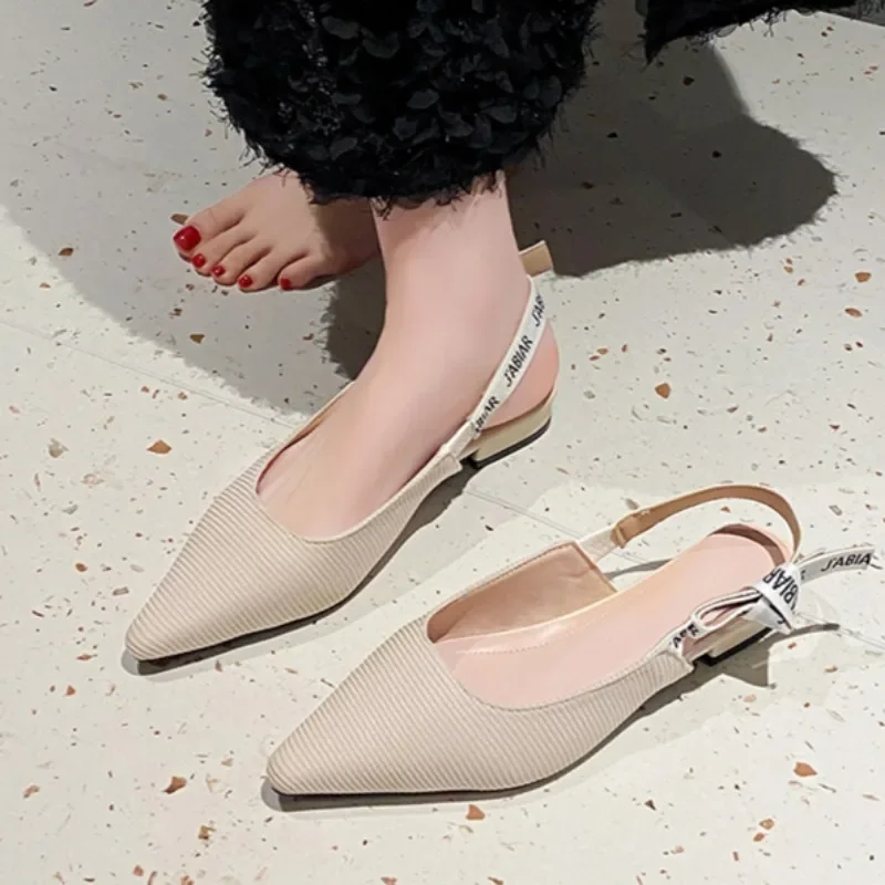 

2025 summer new letter with bow low heel high heels knitted striped pointy shallow slingback sandals women