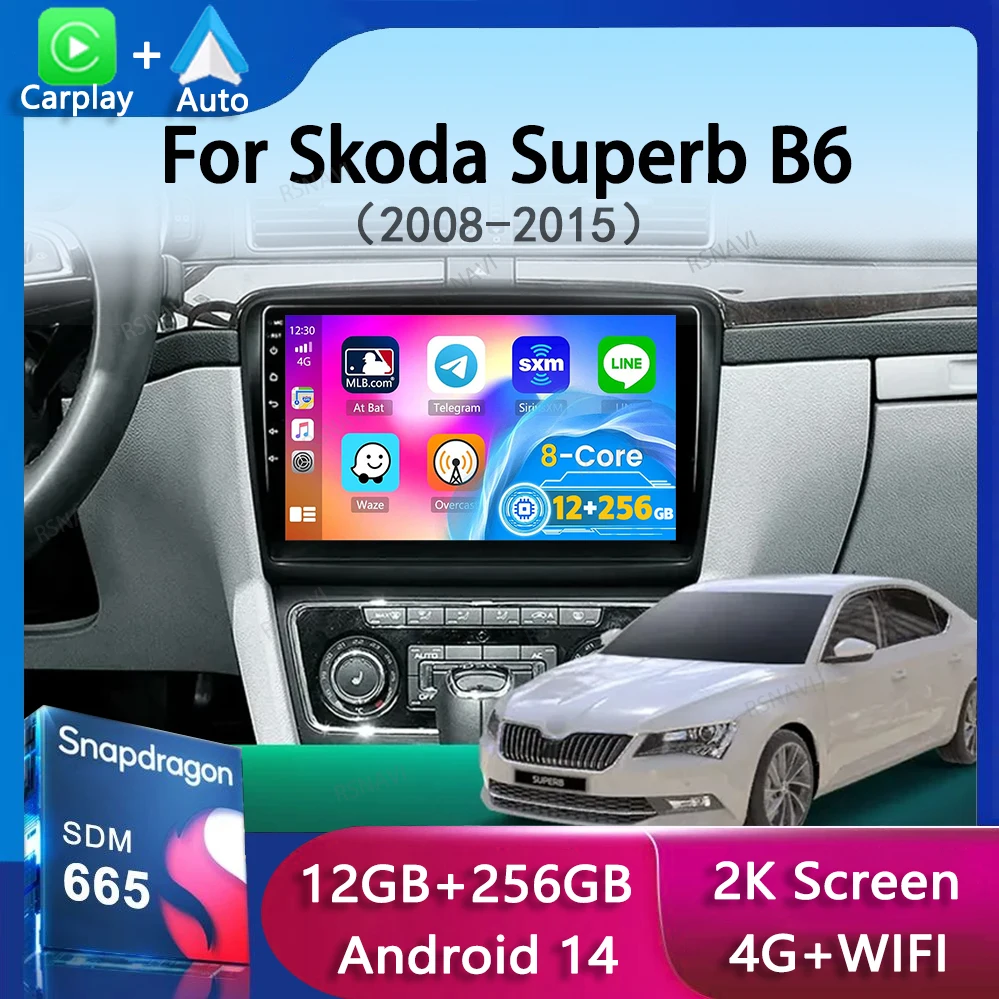 Android 14 Carplay AutoRadio For Skoda Superb B6 2008-2015 Navigation GPS Car Radio Multimedia Player DSP 2Din Stereo Head Unit