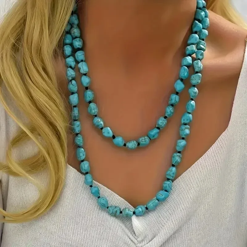 Boho Long noué pierre multi-brins couche Turquoise perles sans fin colliers pour femmes maman bijoux faits à la main