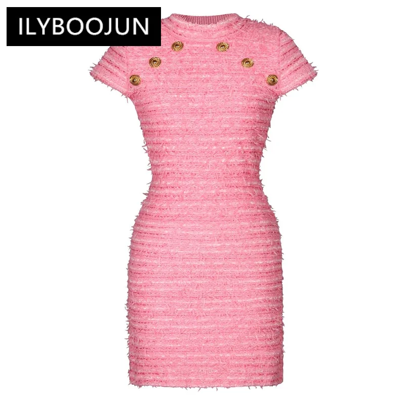 

Sml Elastic Knitted Fabric Round Neck Shoulder Button Short Sleeve Slim Fit Sexy Women's Dress For Women 2024 Luxury Brand