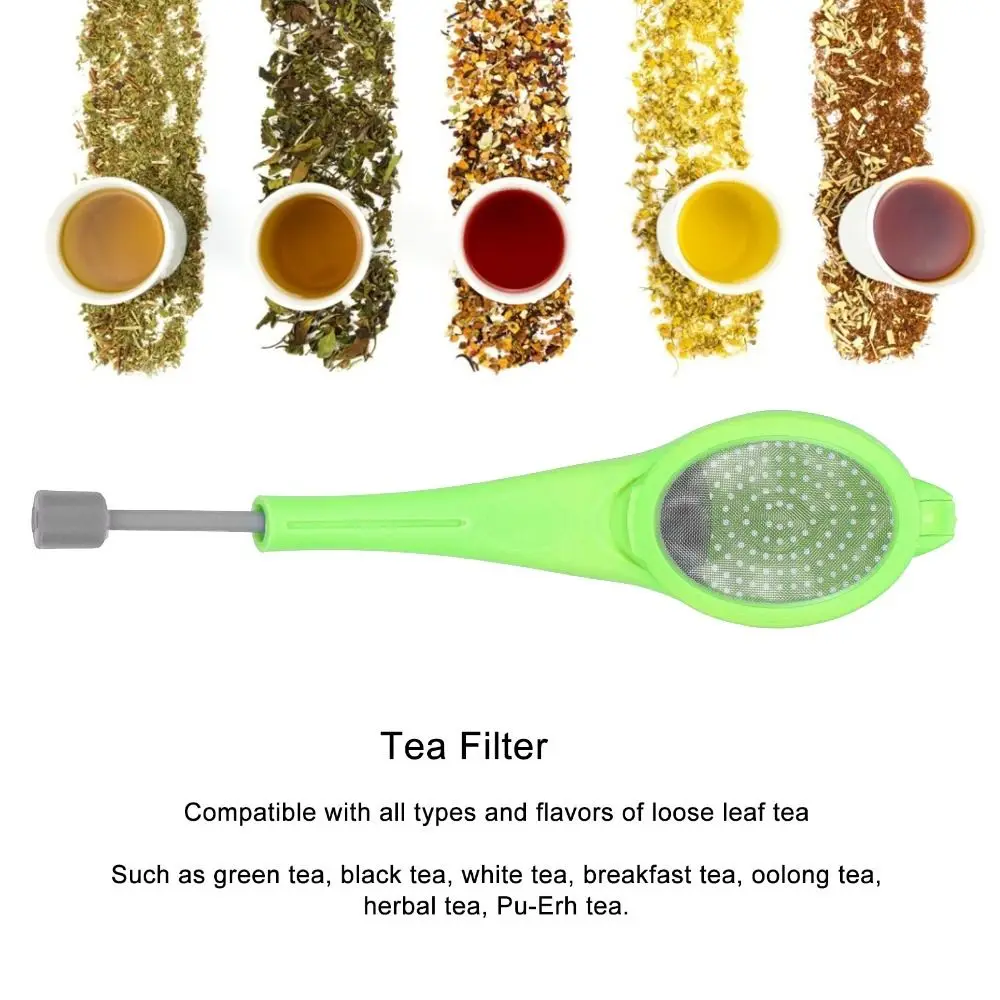 Long-Handled Silicone Tea Strainer Fine Mesh Two Sides Strainer Loose Leaf Tea Infuser Built-in Plunger Plastic Material