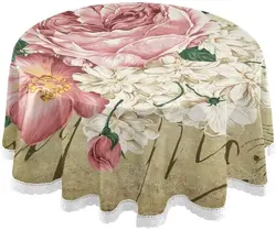 Vintage Shabby Chic Pink Rose Floral Round Table Cloths for Home Dinner Party Picnic Table Decor Lace Tablecloth 60 Inches