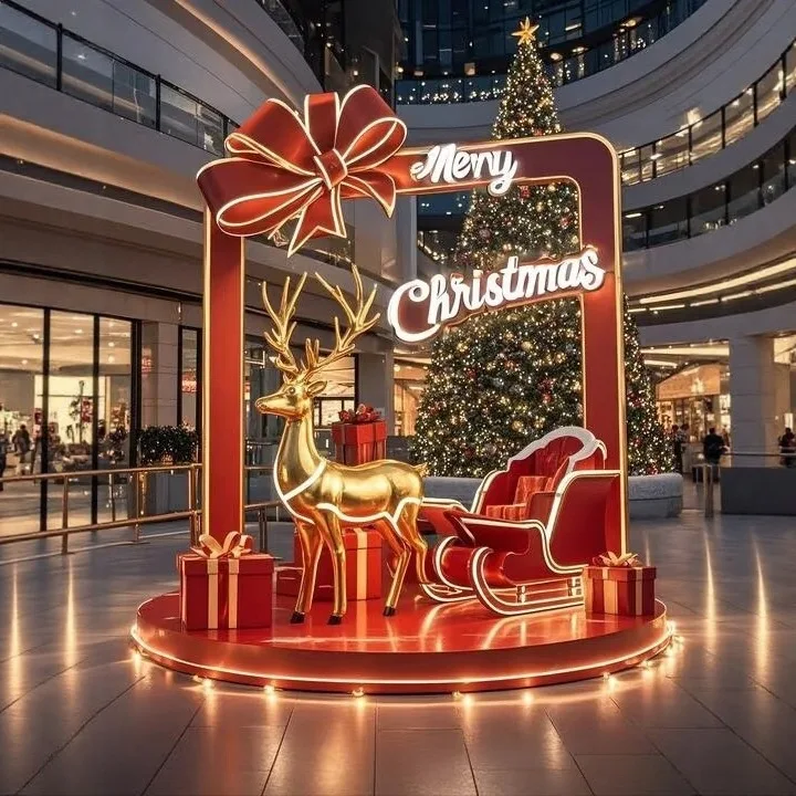 Christmas decoration gift box, cart stack, shopping mall window, beautiful finished products