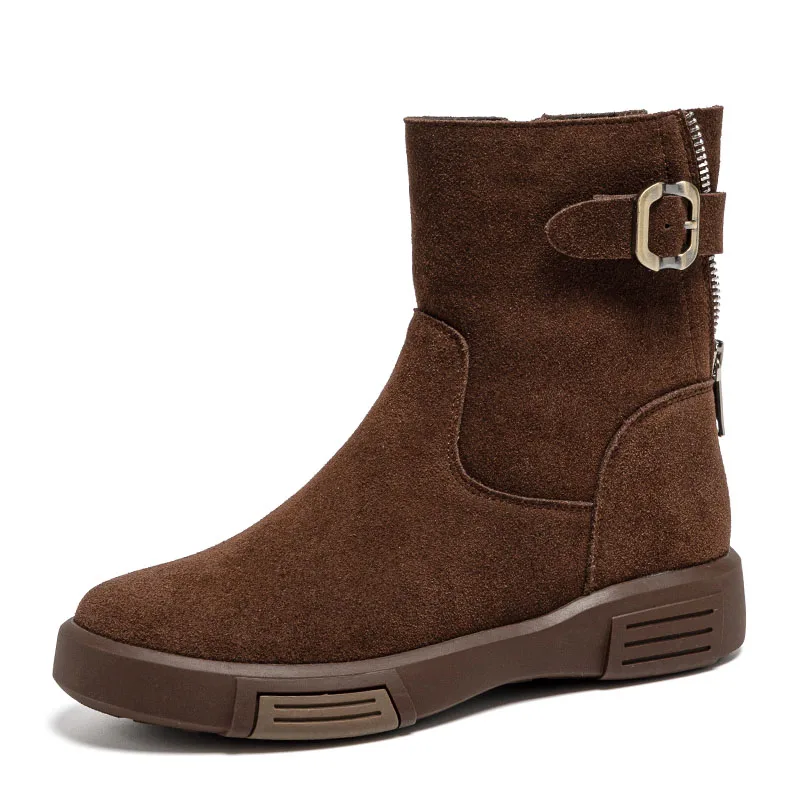 DRKANOL Women Mid Calf Boots Autumn Winter New Design Flat Real Cowhide Round toe Zipper Platform Casual Plush Warm Trend Boots