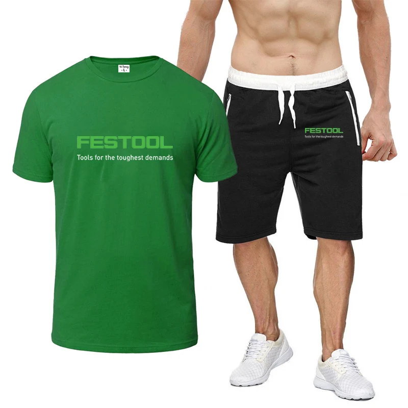 

2025 Summer Man's Short Sleeve Sets Festool Logo Print Round Neck Pullover Breathable Slim T-shirt+Drawstring Half Pants Suits