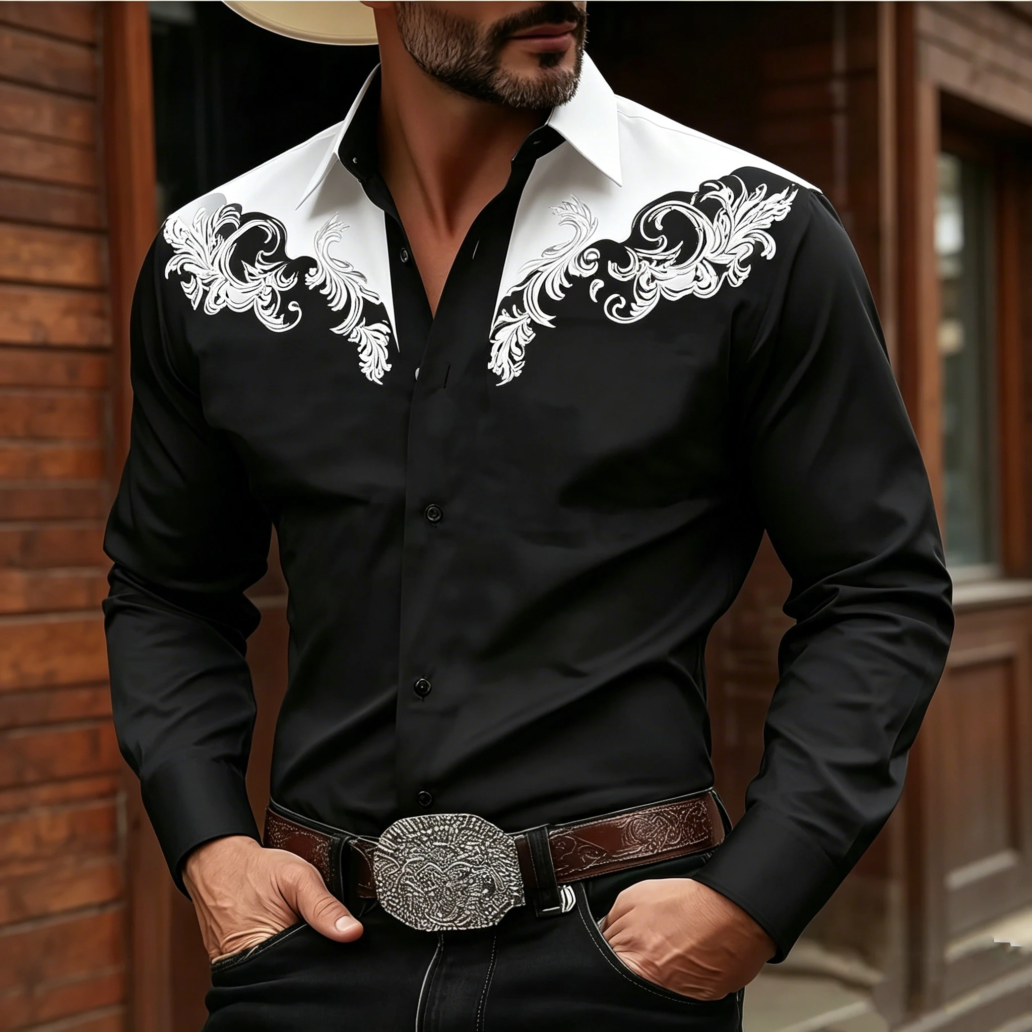 Stylish Men's Baroque Floral Embroidered Western Shirt  Satin Feel Slim Fit Button Up Blouse