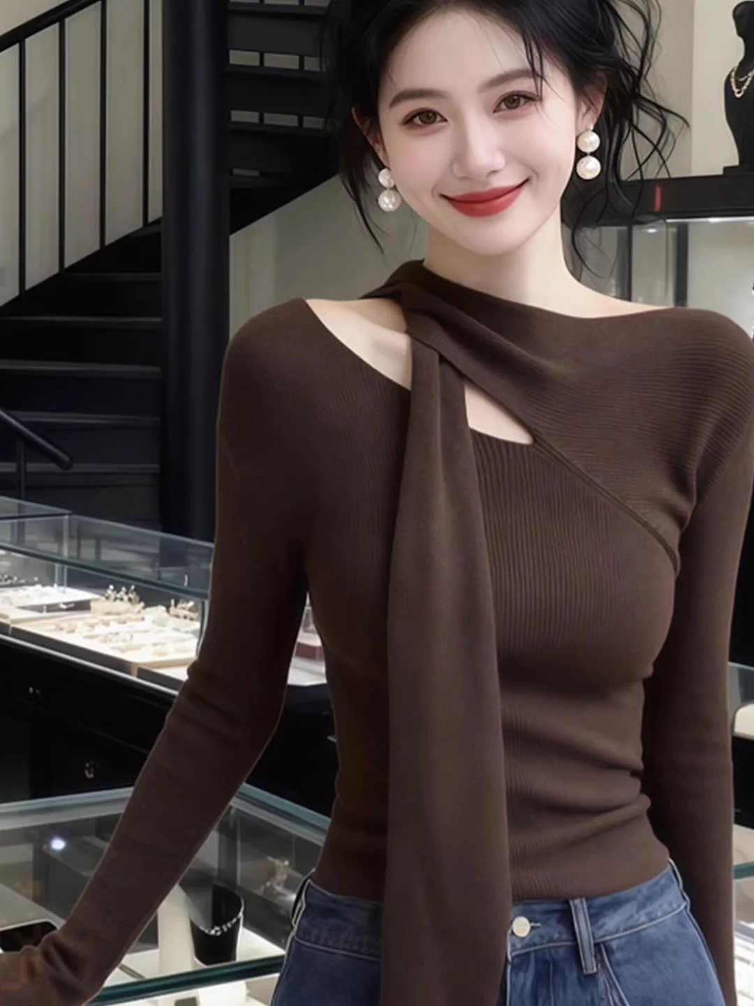 

Женский трикотажный свитер Ele Hollow out Sa с вырезами, весенний дизайн, приталенный крой, базовый топ, французский стиль, средняя плотность вязки