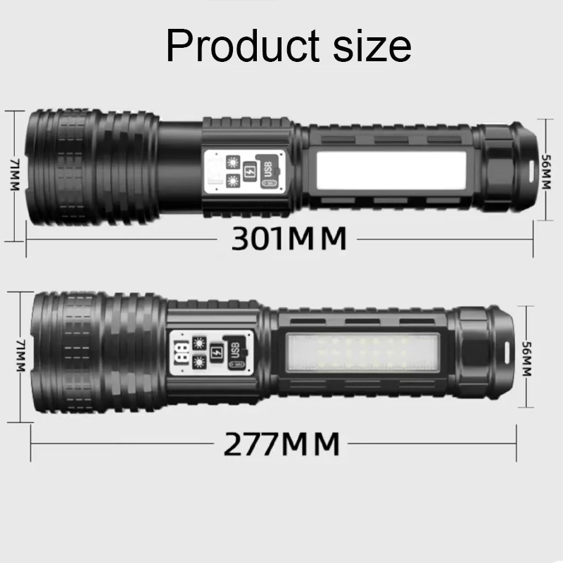 Super Big Flashlight USB Rechargeable Most Strong LED Flash Light Long Range Torch Zoom Outdoor With Digital Power Display