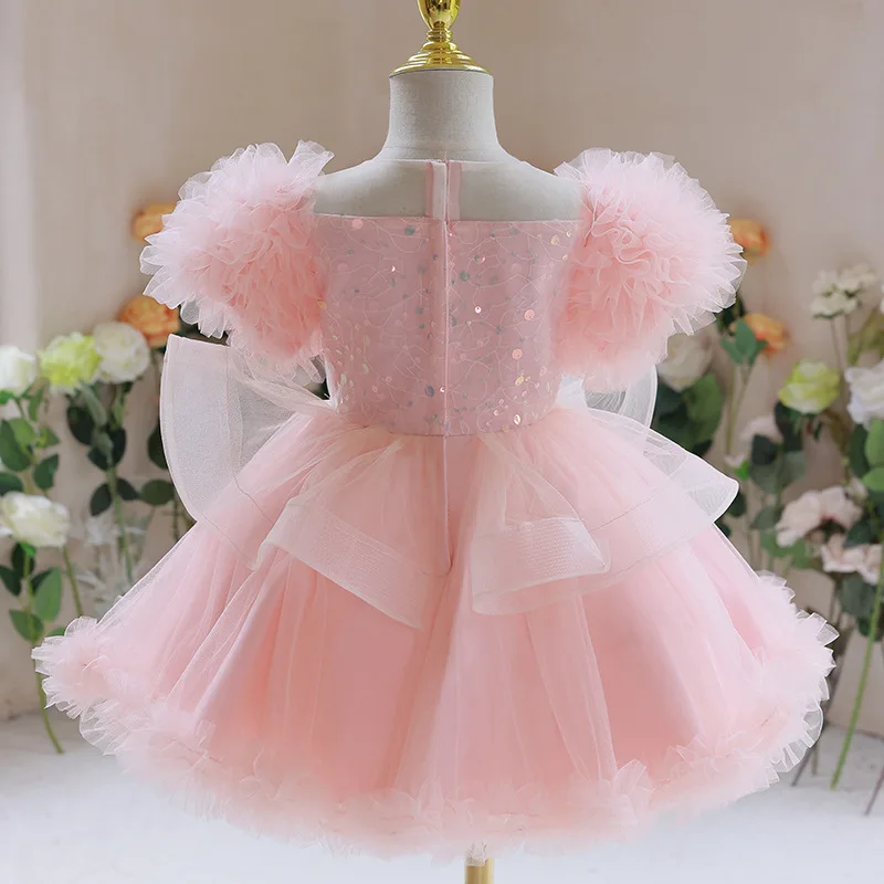 2024 Kids Flower Girl Dresses for Weddings Toddlers Sequined Petal Sleeves Tulle Dress Children 1st Birthday Party Ball Gowns