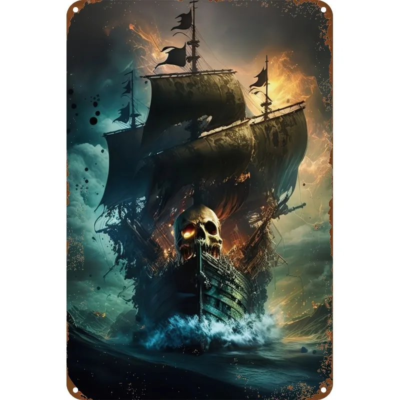 

Pirate Ship and Skull Design Aluminum Wall Hanging Sign, 7.9x11.8"/11.8x17.7", Vintage Metal Tin Plaque for Home, Office Decor