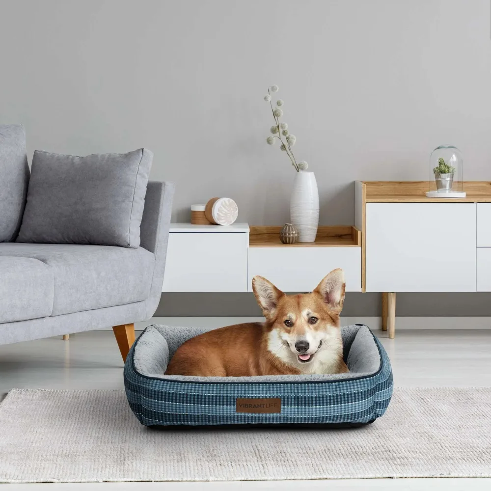 

Dog Bed, Medium, Blue 27" x 20", Soft & Cozy Sleep Area, Bolstered Walls for Comfort & Suppor