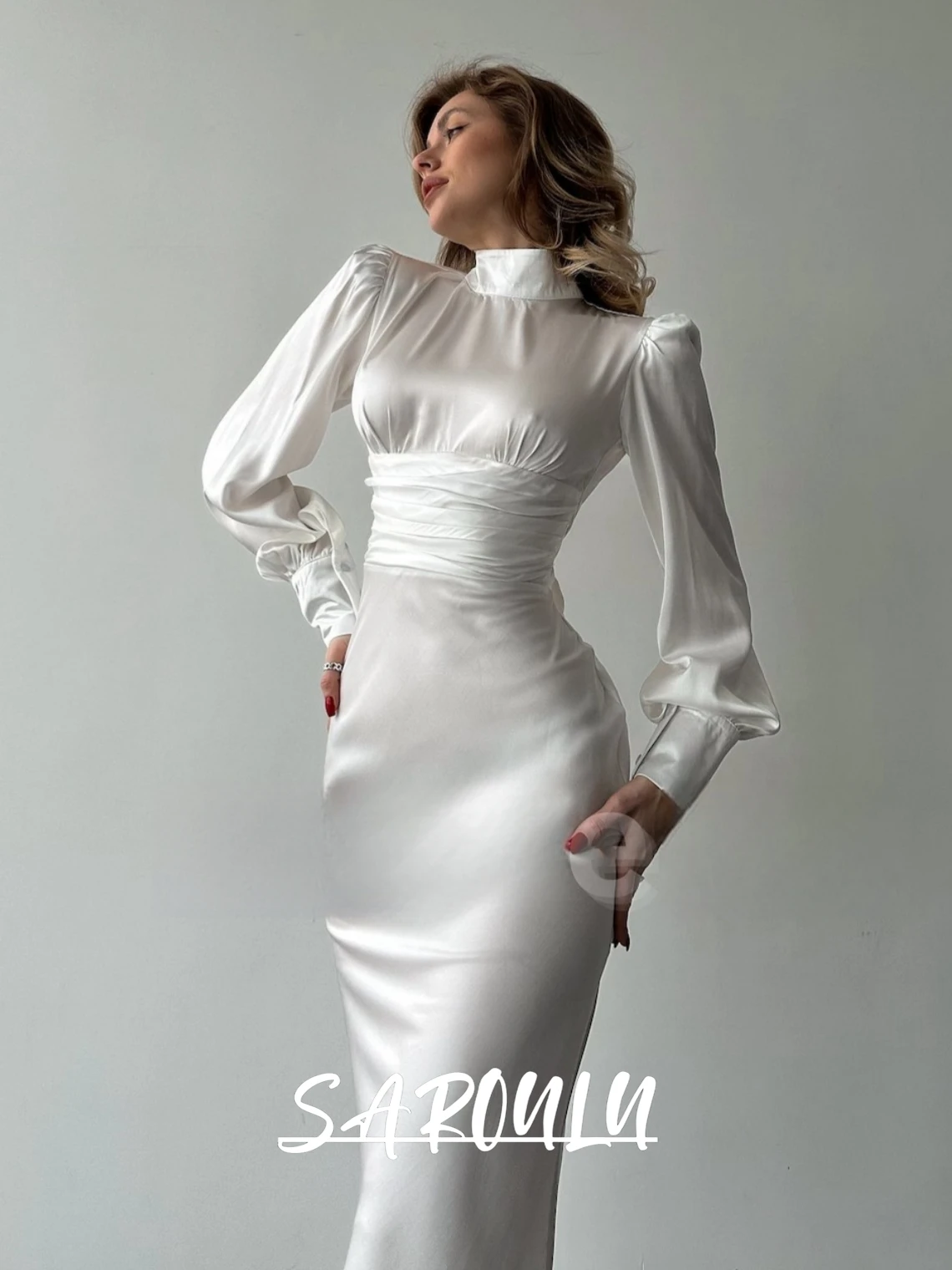 Modern Soft Satin Dress with High Neck and Long Sleeves High-End Smooth High Waist Wedding Dress Sheath Bride Dresses Bridal Gow