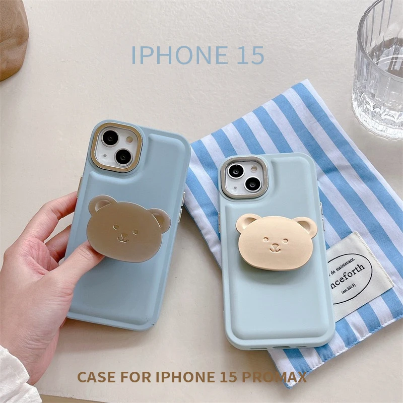 For iPhone 15Promax 2024 New Ins Net Red Sea Salt Blue Bear Stand Double-Layer Anti Drop Phone Case 15Pro 14Plus 13 12 11 Xsmax