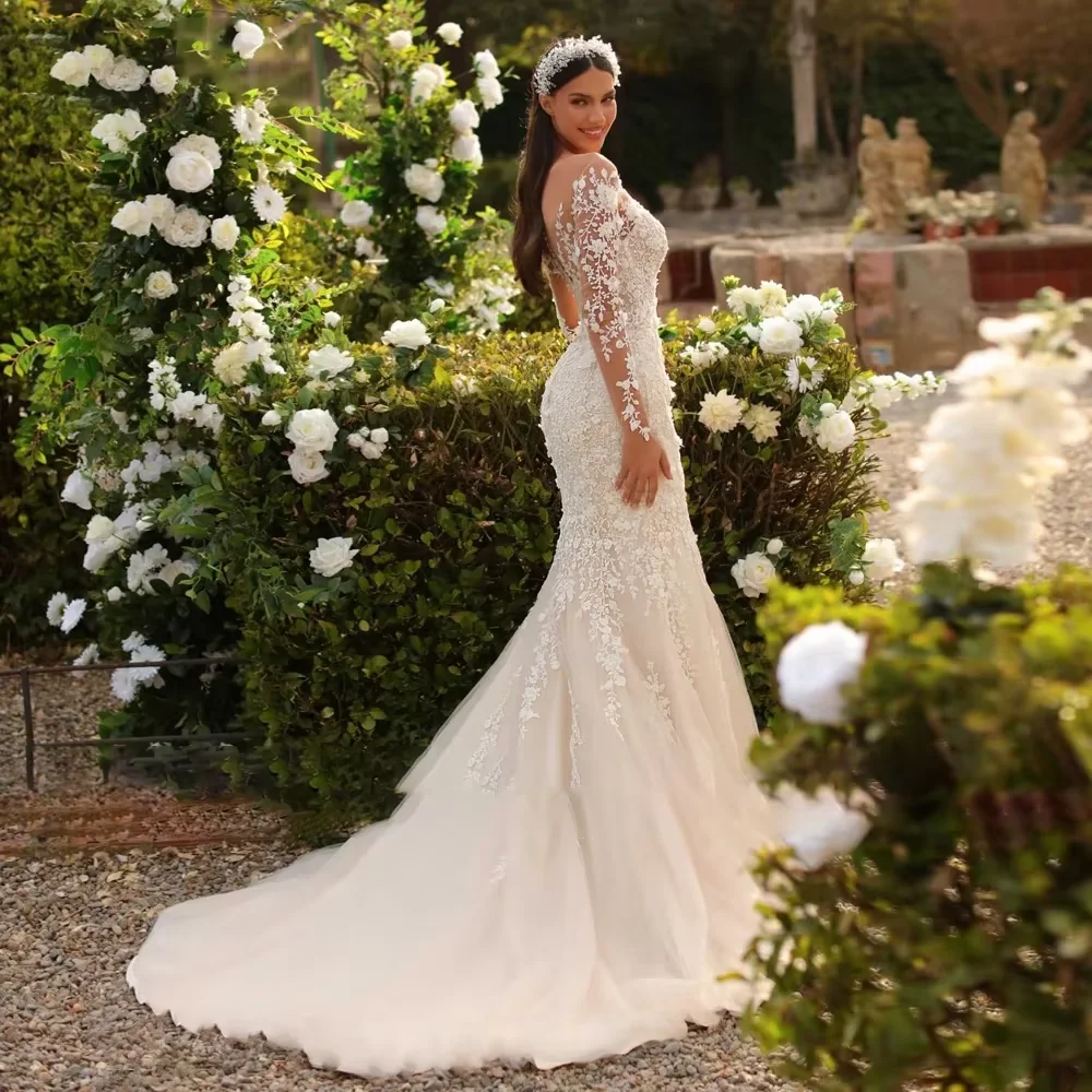 تخصيص حورية البحر فستان الزفاف س الرقبة طويلة الأكمام ثوب الزفاف الدانتيل انفصال زائدة Vestidos De Novia #3