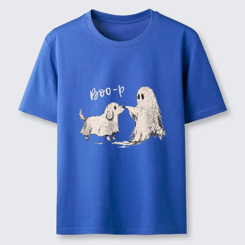 Lustiges und niedliches Geisterhund-T-Shirt mit klassischem Cartoon-Muster aus reiner Baumwolle, für Männer und Frauen im gleichen Stil, locker geschnitten, kurzärmelig, lässig. – Detail 5