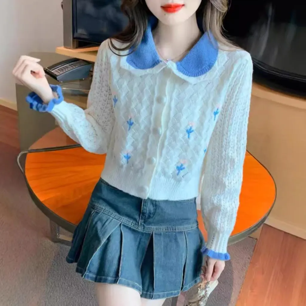 

Women's Doll Collar Knitted Cardigan Autumn Winter Short Long Sleeve Sweater Coat Age-Reducing Top for Casual Wear