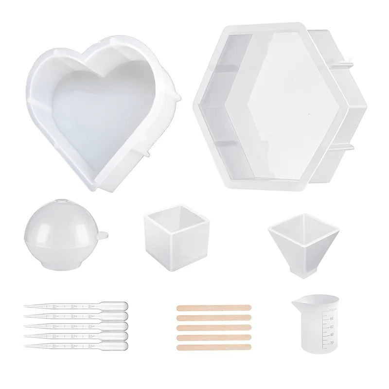 Resin Molds Silicone Kit, Large Silicone Molds for Epoxy Resin, Flowers Preservation, Including Hexagon, Heart, Sphere,