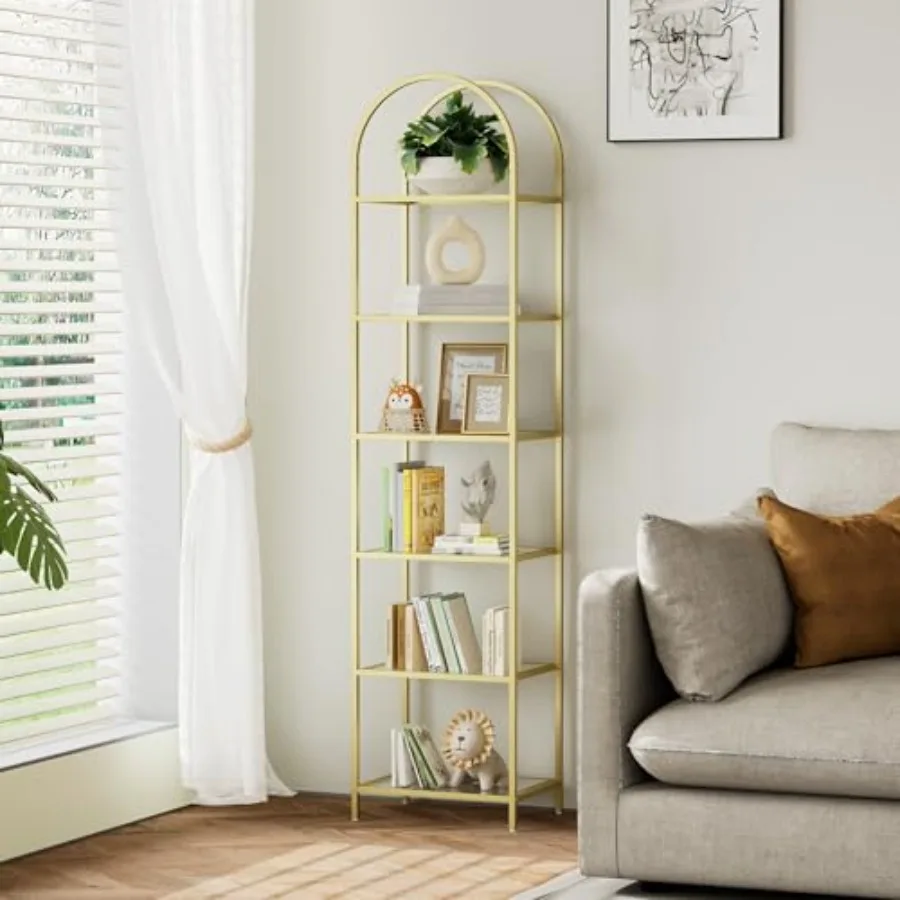 

Bookshelf Arched Display RacksMetal Bookcase Tempered Glass Shelves Storage Rack Shelf for Home Office Living Room Bedroom Bath