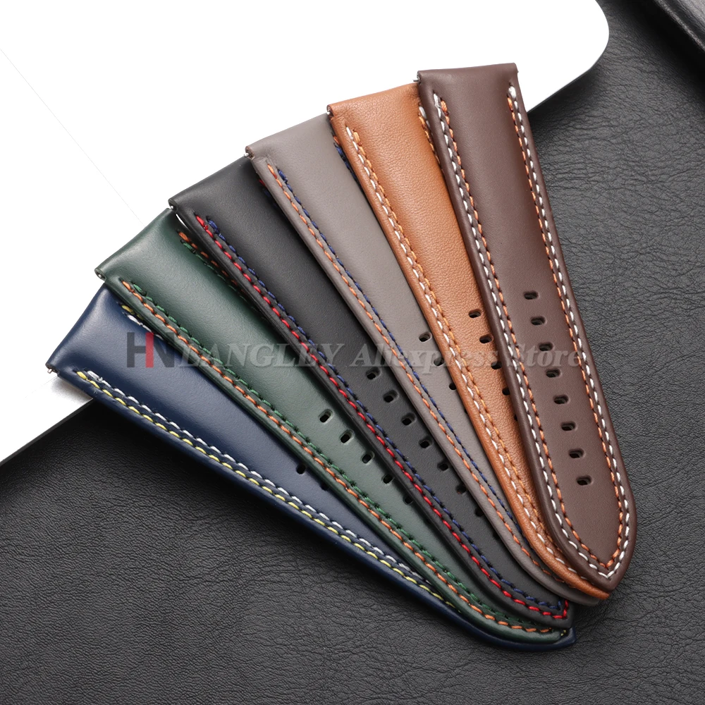 Calfskin Genuine Leather Watchband for Omega Business Watch Band for Seiko 20mm 22mm 24mm Butterfly Buckle Stitching Sport Strap view 5