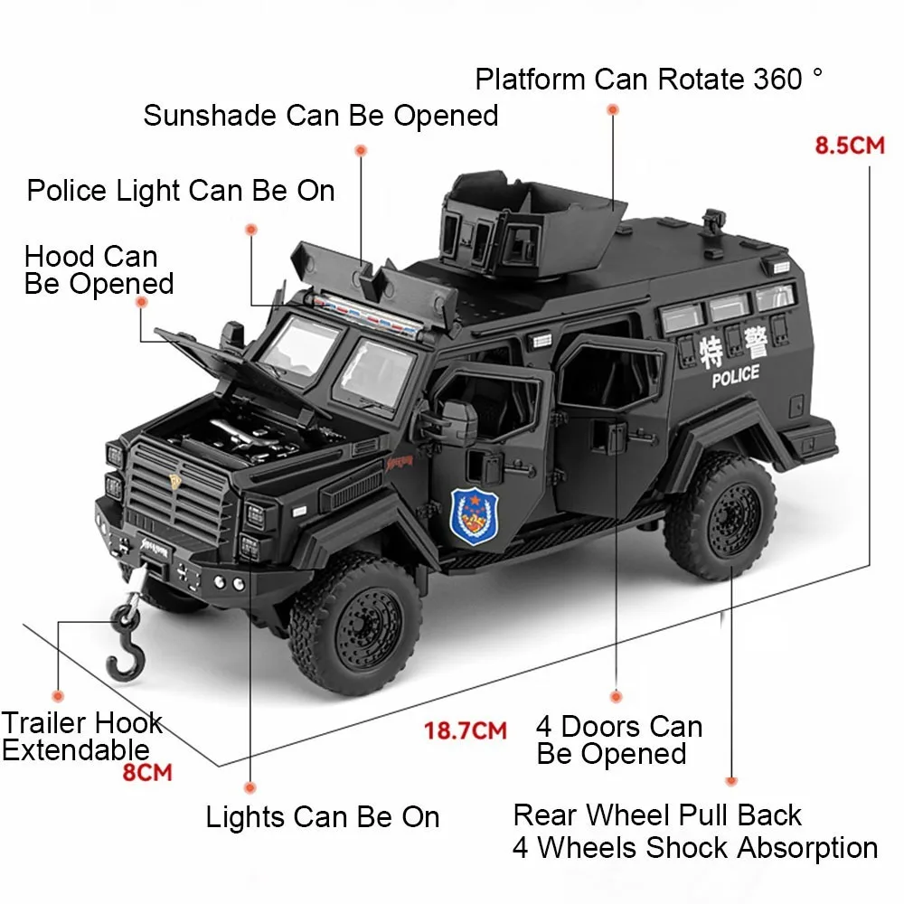 1:32 MengShi Sabertooth Armored Police Car Model Toys Metal Diecast Sound Light Doors Opened Pull Back Toy Off-road Vehicles