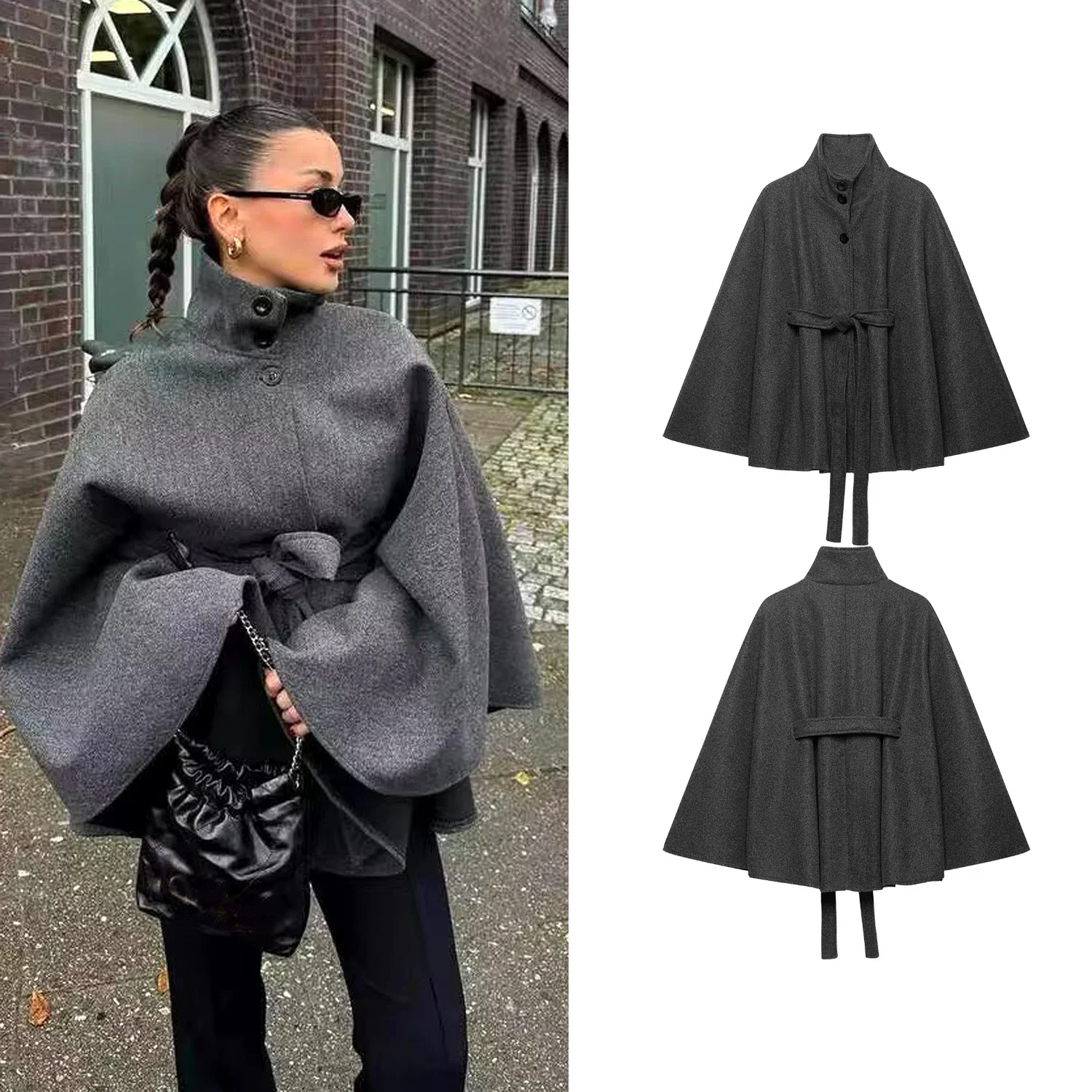Women Gray Woolen Cloak Jackets Autumn Winter Female Loose Stand Button Wide Sleeves With Belt Coats Female Chic Fashion Outwear