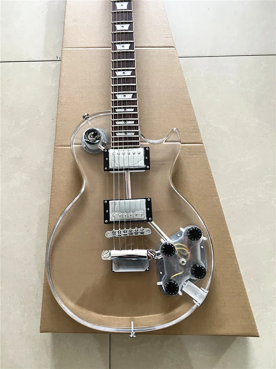 High quality custom crystal acrylic transparent Plexiglass 6-string electric guitar rose wood fingerboard led color lights