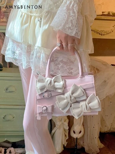 

Original Cute Bow Tie Metal Buckle Handbag Sweet Elegant College Princess Style Shoulder Bag for Women All Match Lolita Handbags