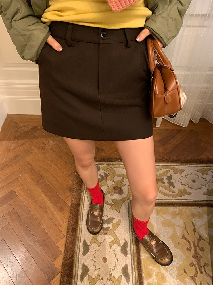 Zimowa Spódnica w Stylu Faion z Koronkowym Wykończeniem, Krój A-Line, Damska, Koreańska, Zapinana na Zamek, z Portfelem, Wyściełana, Poliestrowa, Biznesowa Spódnica