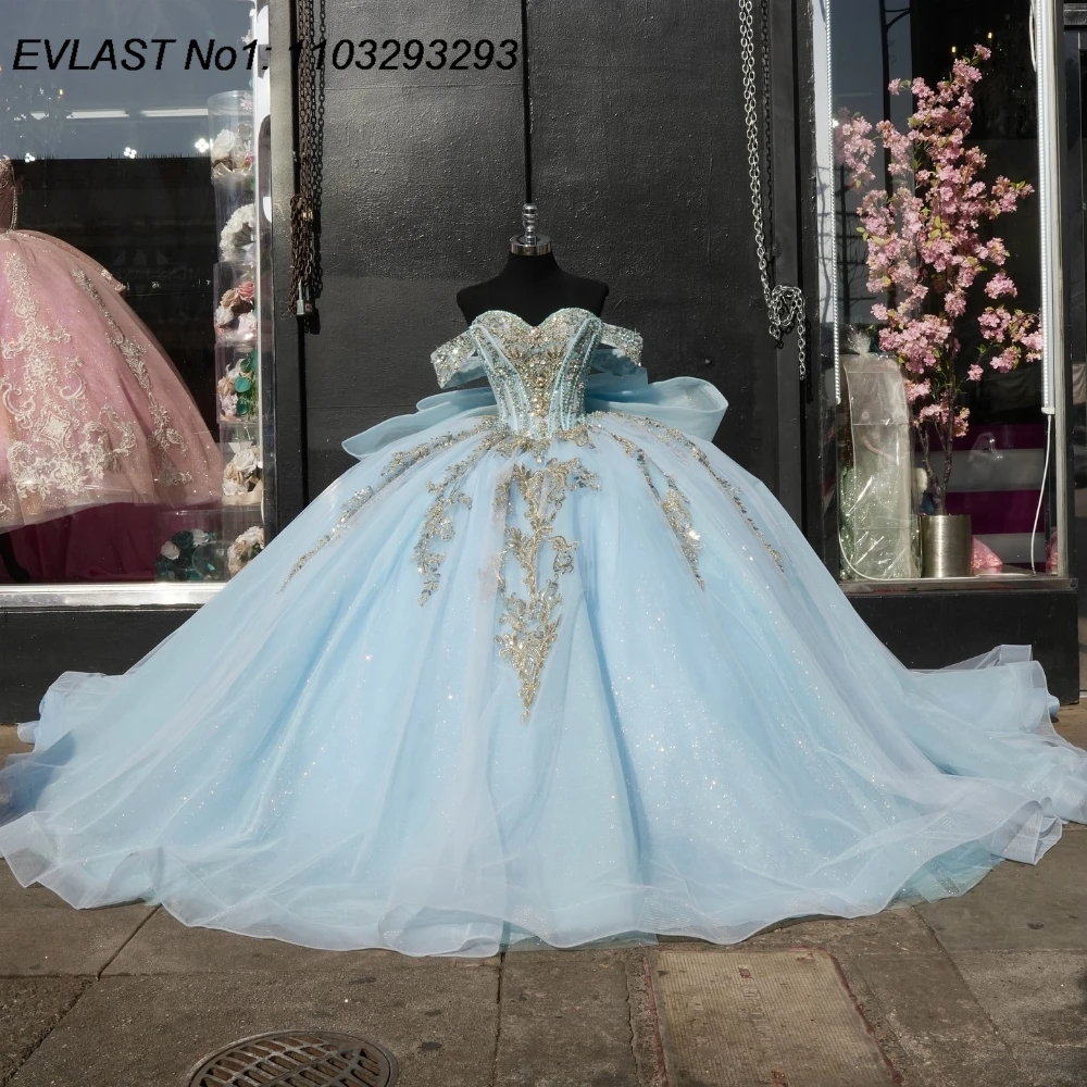 EVLAST Customized Shiny Sky Blue Quinceanera Dress Ball Gown Silver Lace Applique Beading Bow Sweet 16 Vestido De 15 Anos E1Q350