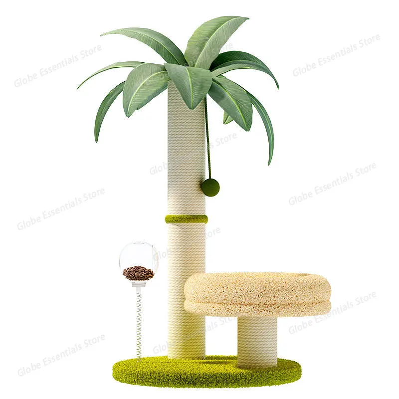 Coconut Tree Cat Tree with Teaser Wand, Cat Bed, Treat-Dispensing Ball & Sisal Scratching Post Interactive Self-Play Cat Supplie