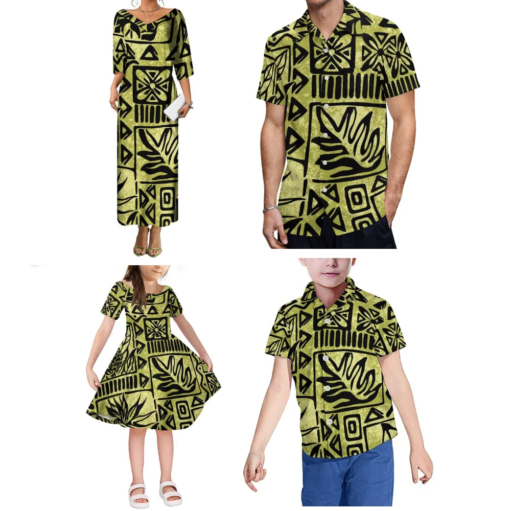 Abbigliamento estivo su misura Set da festa in famiglia con stampa polinesiana, abito genitore-figlio, camicia e top, set di quattro pezzi
