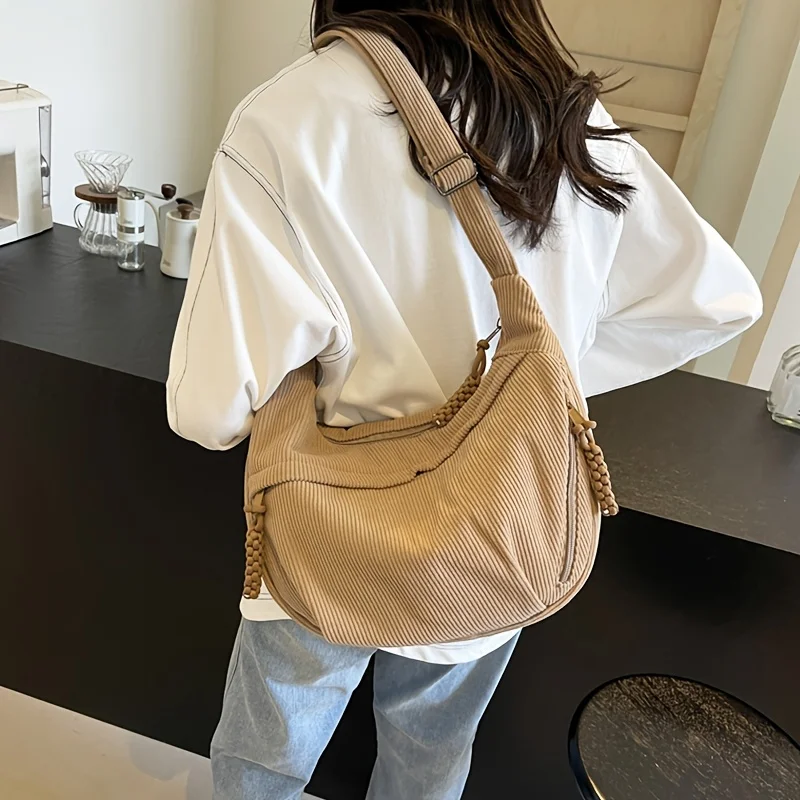 Corduroy Large Capacity Canvas Tote Bags, Fashion and Versatile Casual Single Shoulder Handbag, College Style Commuting Unisex