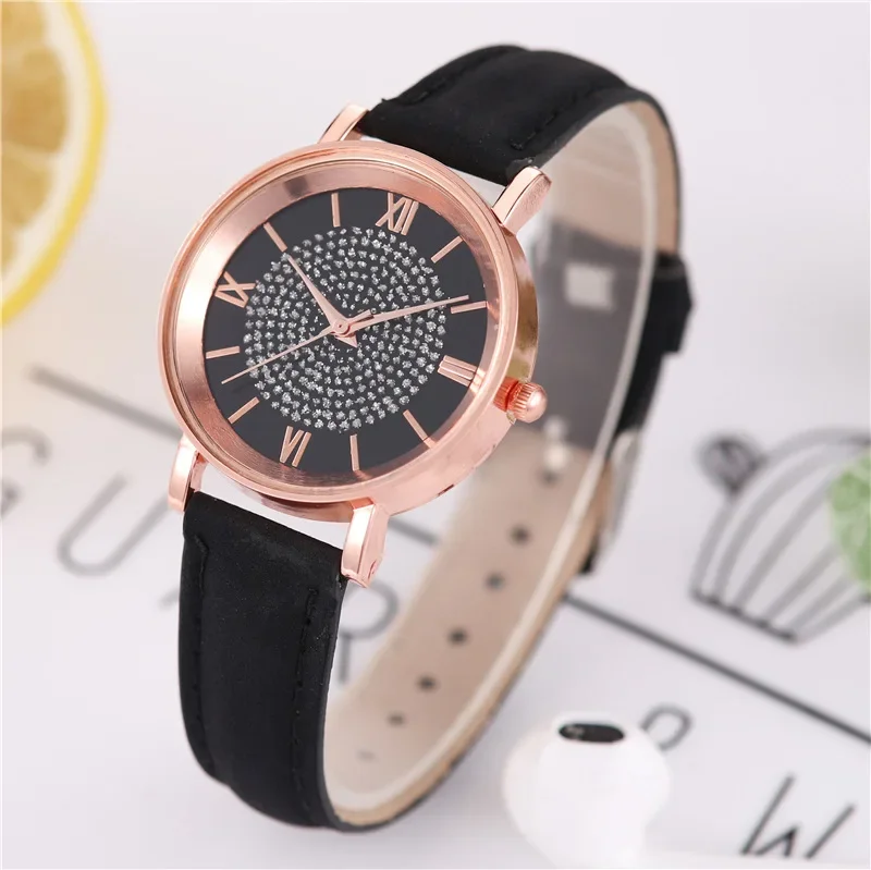 Round Face Rhinestone Star Sky Silver Pink Women for Watch Leisure Fashion Trend Frosted Band Vintage Quartz Wrist Watches Clock