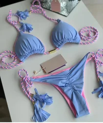 Nowe damskie Bikini bez pleców trójkątny strój kąpielowy liny wielokolorowe