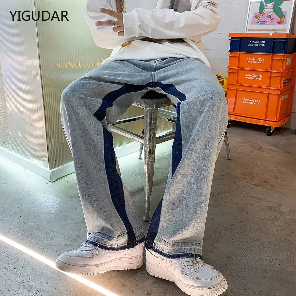 

European and American high street style embroidery stitching jeans men loose straight ins American style pants Vibe floor pants