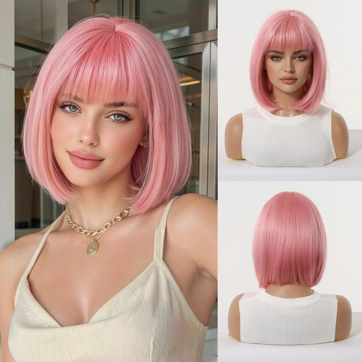 

Short Straight Pink Bob Wig with Bangs for Women Natural Synthetic Hair Heat Resistant High Density Silky Smooth Daily Cosplay