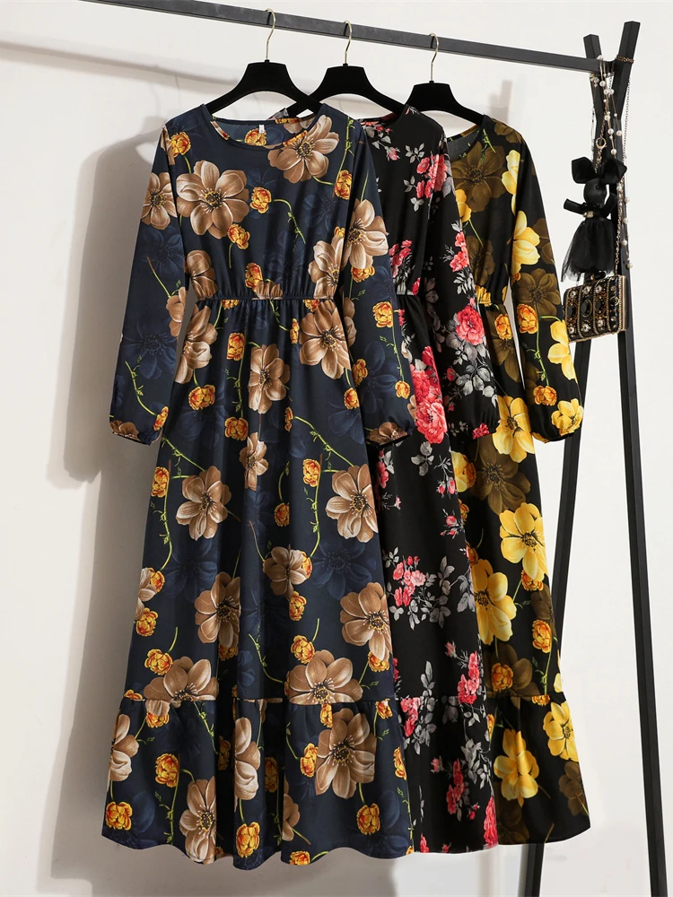 الأزهار الشيفون طويلة Sve Dr جولة Ne U-Ne ميدي الدكتور الربيع الصيف الخريف المرأة الشارع Sle ألف خط تنورة الدكتور