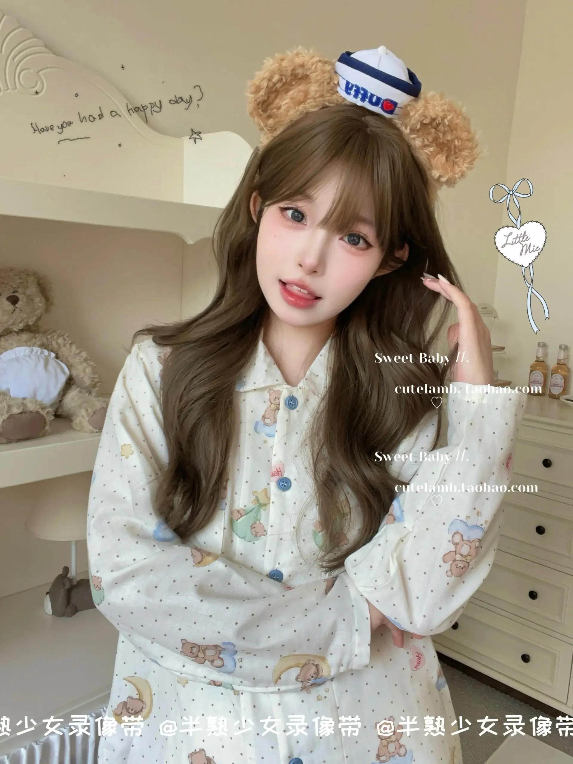 Spring and Autumn Lapel Cotton Pajamas Female Cute Cartoon Long Sleeve Polka Dot Sleepwear Two Piece Sets Home Clothing