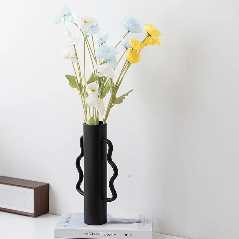 Ceramic Vase Black Abstract Wave Edge Handle Straight Tube Flower Vase Ceramic Ornaments Terrarium Home Decoration