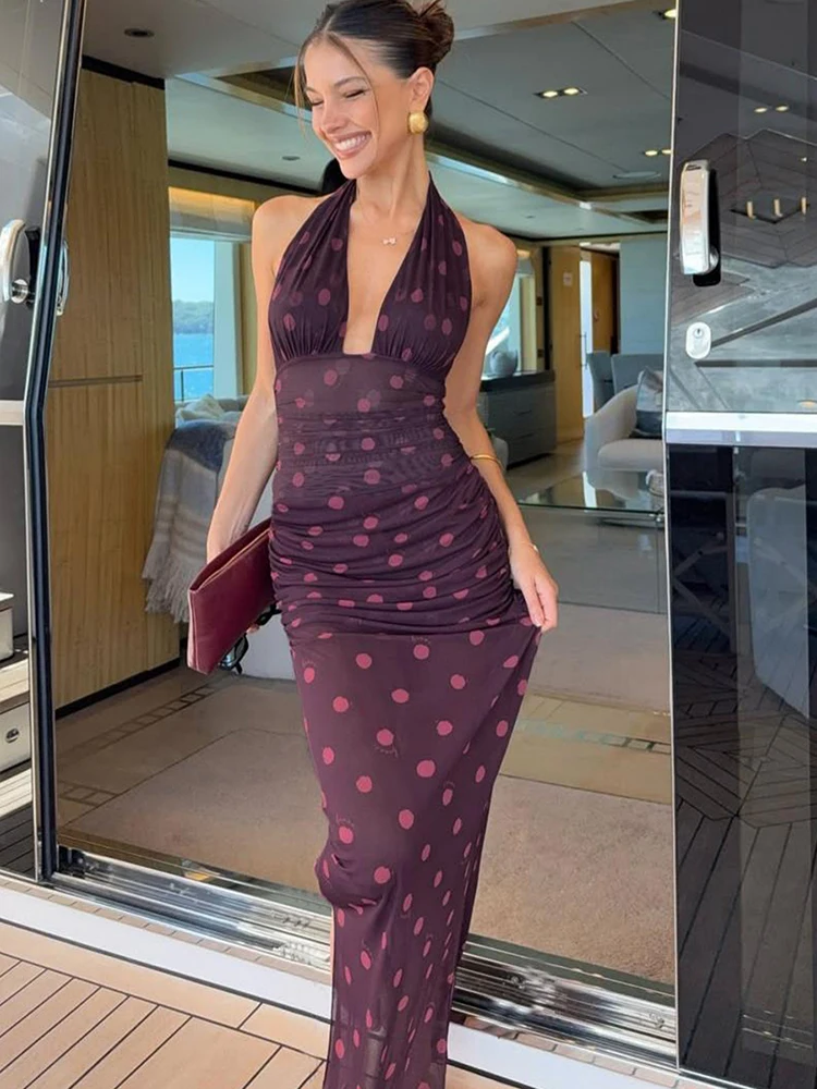 

Комплект из 2 предметов в пляжном стиле Kliou: женский топ с принтом в горошек, на бретелях, с низким вырезом и открытой спиной + длинная юбка с эластичной талией, элегантный костюм