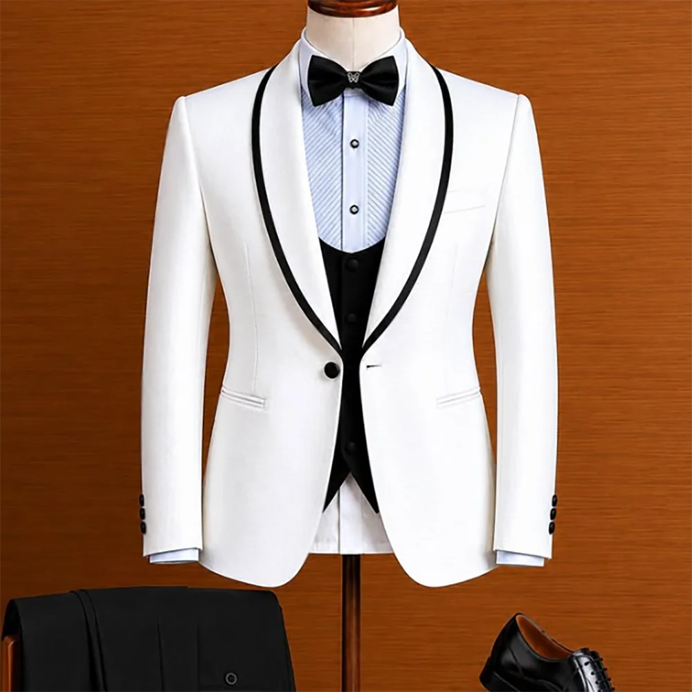 Timeless Men White Tuxedo with Black Piping Shwal Lapel 3 Piece Suit Elegant Jacket+Vest+Pants Set Prom Wedding Formal Outfit