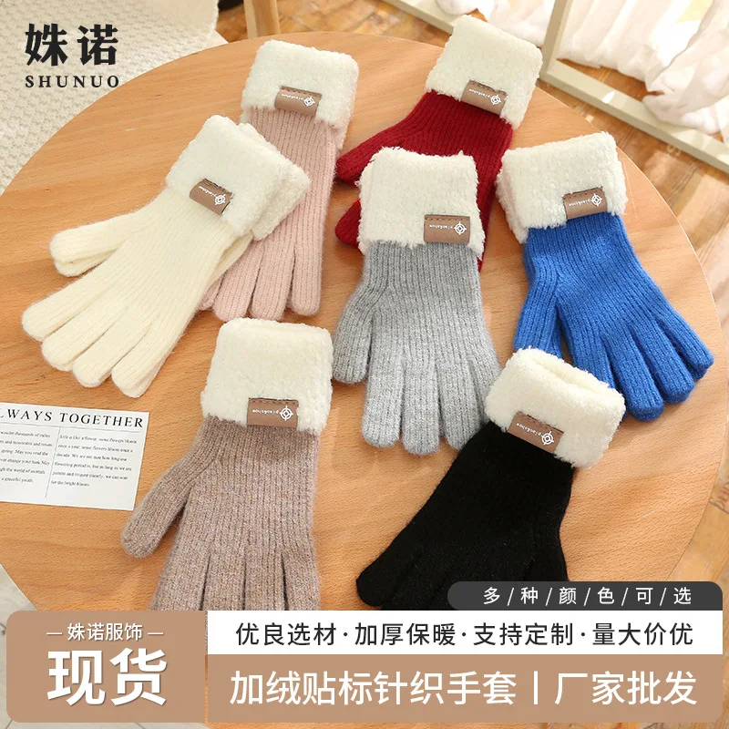 Winter korean styleinsKnitted Gloves Velvet Cold Protection Labeling Warm Gloves Outdoor Sports Windproof Cycling Gloves