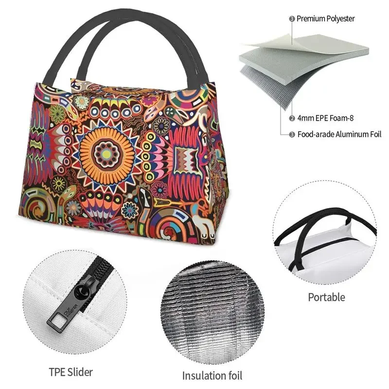 Mexican Huichol Thermal Insulated Lunch Bag Women Portable Lunch Tote for Outdoor Picnic Multifunction Meal Food Box