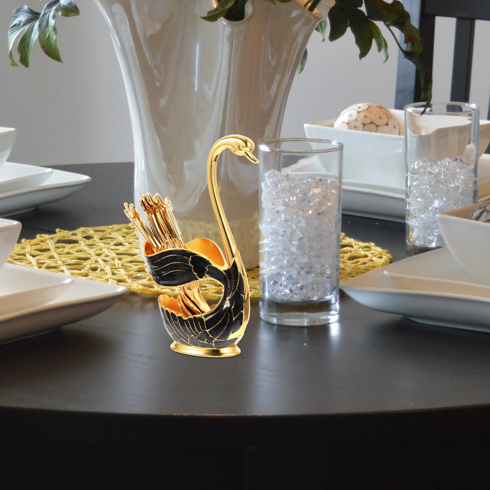 

1Set Dessert Spoon Set Metal Swan Shape Spoons with Holder Storage Rack for Coffee Tea Ice Cream Cake Pudding Fruit Salad