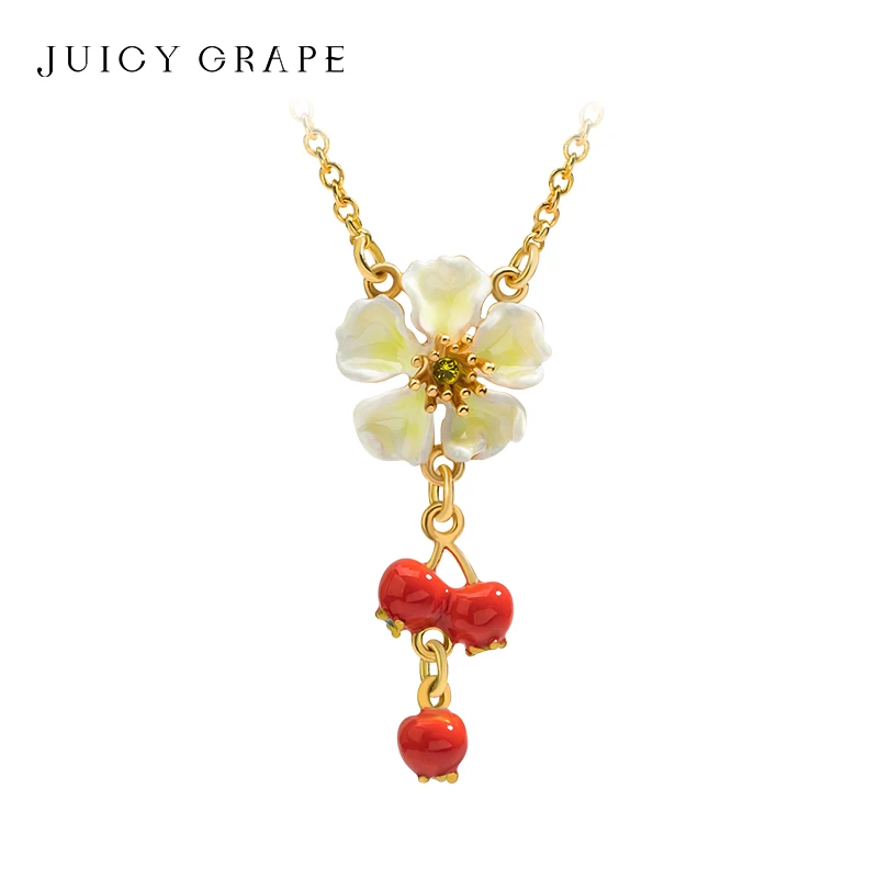 Fruit Enamel Charm Necklace Delicate Hawthorn Flower and Fruit Necklace 18k Gold Plated Wedding Anniversary Gift Jewelry