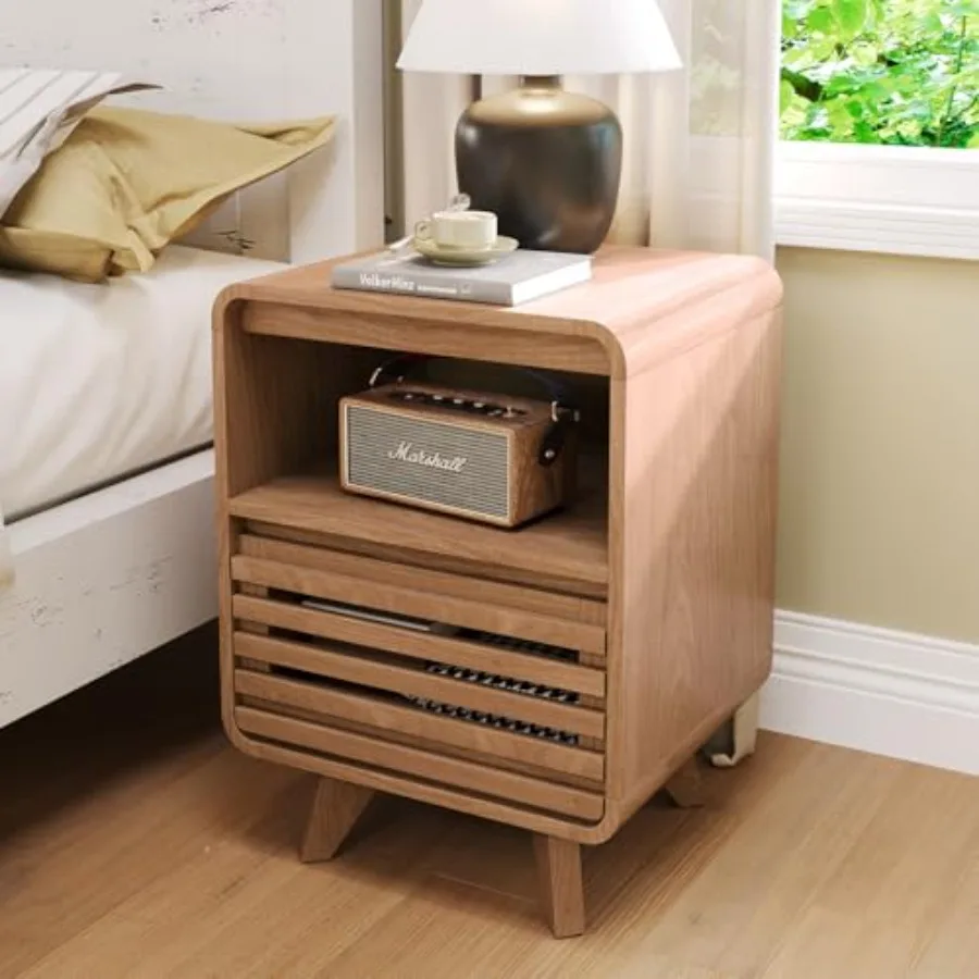 

Nightstand with Drawer and Open Shelf 24 Tall Wood Grain Side Table in Oak Finish Rounded Design for Bedroom Living Room Small