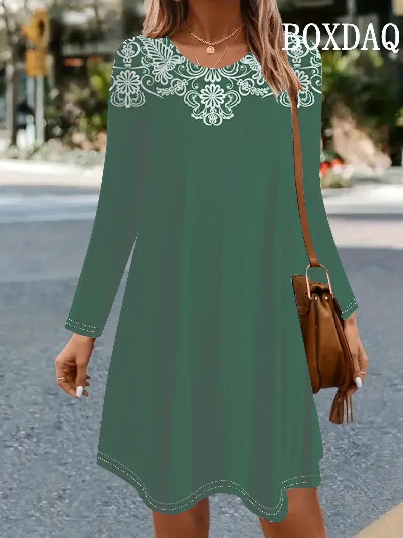 Women Casual O Neck Mini Dress Elegant Retro Printed Long Sleeve Casual Loose A-Line Dress Ladies Fashion Autumn Dresses Vestido